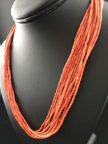 Native American Orange Spiny Heishi Necklace | 10 Strand | Sterling Silver | 20" | 10037