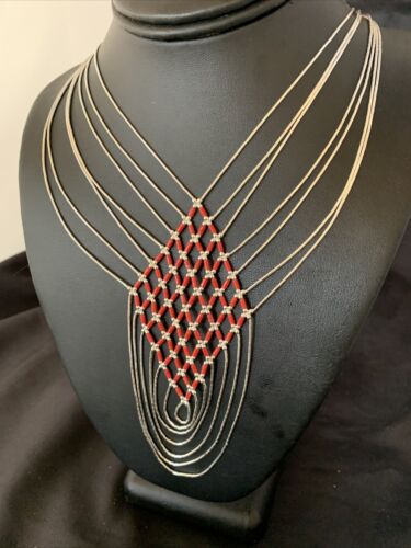 Red Coral 7 Strand Liquid Silver Heishi Necklace | Sterling Tubes | 18" | Authentic Native American Handmade | 12625