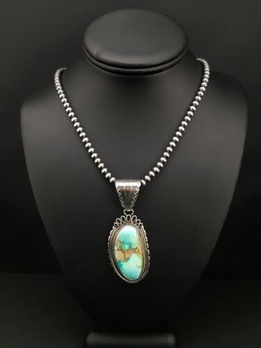 Royston Turquoise Pendant | Navajo Pearls Sterling Silver Necklace | Authentic Native American Handmade | 4820