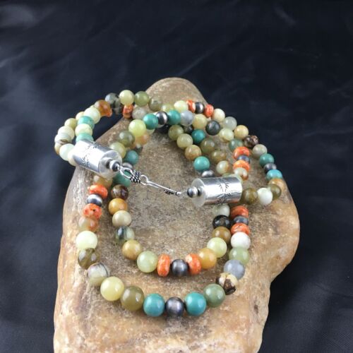 Navajo Sterling Silver Jasper Coral Turquoise Necklace | 19" | Authentic Native American Handmade | 10266