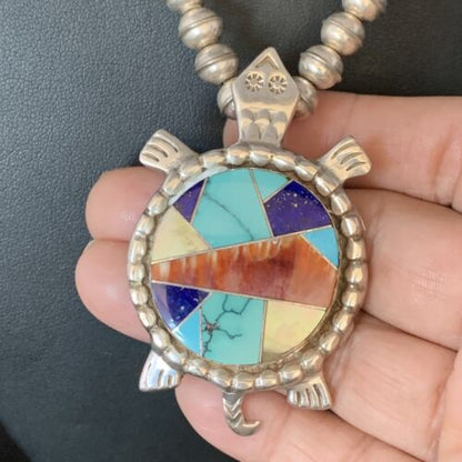 Turtle Inlay Pendant | Navajo Lapis Turquoise Sterling Necklace 24" | Handmade Southwestern Jewelry | 13680
