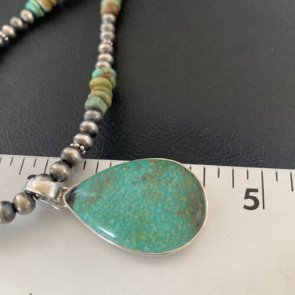 Navajo Royston Bead Green Turquoise Necklace Pendant | Sterling Silver | Authentic Native American Handmade | 11920