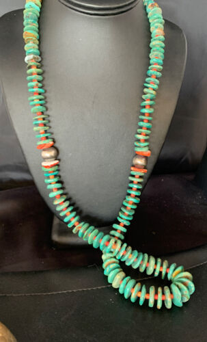 Navajo Green Turquoise & Spiny Oyster Necklace | Sterling Silver | Authentic Native American | 26" | 13908