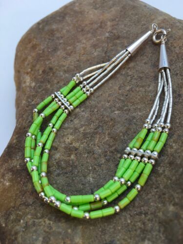 Handmade Liquid Silver Green Gaspeite Heishi Bracelet | Sterling Silver | 5-Strand | 7" | 13606