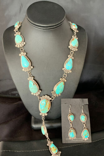 Navajo Sterling Silver Lariat Necklace 30" | Blue #8 Turquoise Earrings | Native American Handmade | 13770