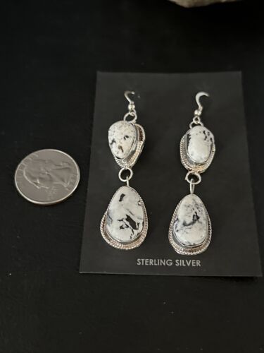 Navajo White Buffalo Turquoise Dangle Earrings | Sterling Silver | 2" | Authentic Native American Handmade | 14714