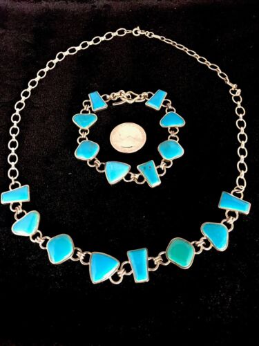 Navajo Sterling Silver Inlay Blue Turquoise Necklace & Bracelet Set | Old Pawn Jewelry | Authentic Native American Handmade | 8741