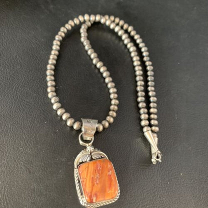 Navajo Orange Spiny Oyster Pendant | Sterling Silver | Authentic Native American Handmade | 13638