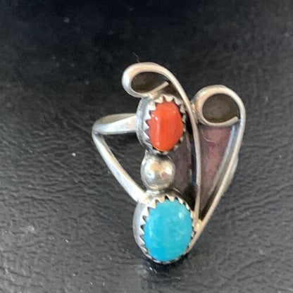 Navajo Coral Blue Turquoise Multi-Stone Ring | Authentic Native American Sterling Silver | Sz 6.5 | 10826