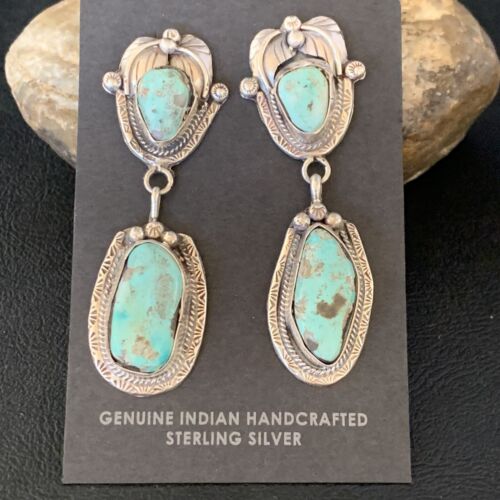 Navajo Blue Dry Creek Turquoise Post Dangle Earrings | Sterling Silver | Authentic Native American Handmade | 13873