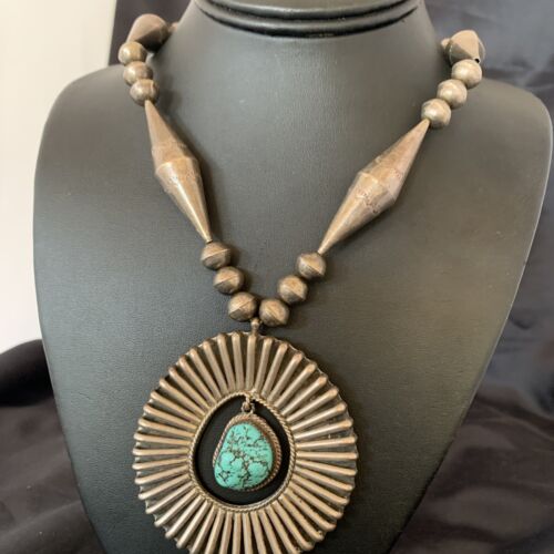 Navajo Old Pawn Blue Kingman Turquoise Pendant | Sterling Silver | 22" Necklace | 10399