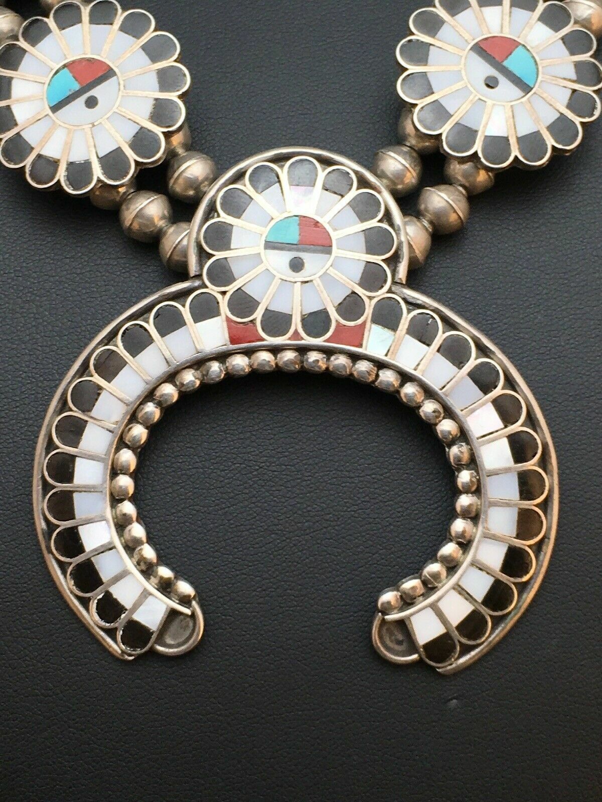 Zuni Native American Inlay Turquoise Squash Blossom Necklace Set | Sterling Silver | 2520