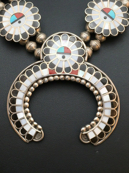 Zuni Native American Inlay Turquoise Squash Blossom Necklace Set | Sterling Silver | 2520