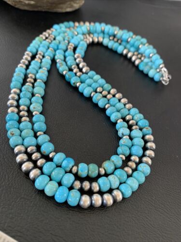 Navajo Blue Turquoise Sterling Silver Graduated Bib Necklace | 3-Strand | 22" | Authentic Native American | 02153
