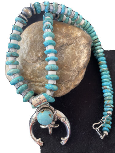 Navajo Kingman Turquoise Naja Pendant | Sterling Silver Howlite Necklace | Authentic Native American Handmade | 1388