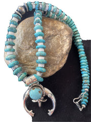 Navajo Kingman Turquoise Naja Pendant | Sterling Silver Howlite Necklace | Authentic Native American Handmade | 1388