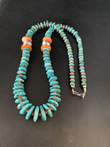 Navajo Natural Turquoise & Spiny Oyster Necklace | Sterling Silver | Authentic Native American | 25" | 13493