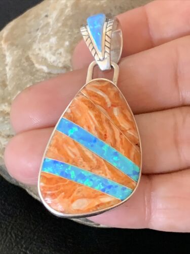 Men's Navajo Orange Spiny Oyster Blue Opal Inlay Pendant | Sterling Silver | Authentic Native American Handmade | 12485