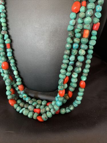 Men's Santo Domingo Blue Turquoise Coral Necklace | 4 Strand Large Bead | 34" | 13184