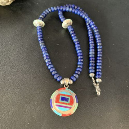 Authentic Native American Navajo Necklace | Sterling Silver with Turquoise, Lapis & Opal Pendant | 13981