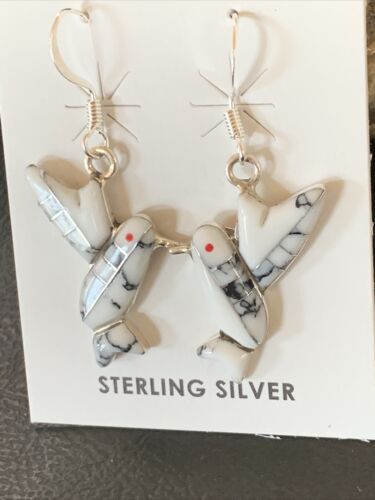 Navajo Sterling White Buffalo Turquoise Hummingbird Dangle Earrings | 1" | Authentic Native American Handmade | 12313
