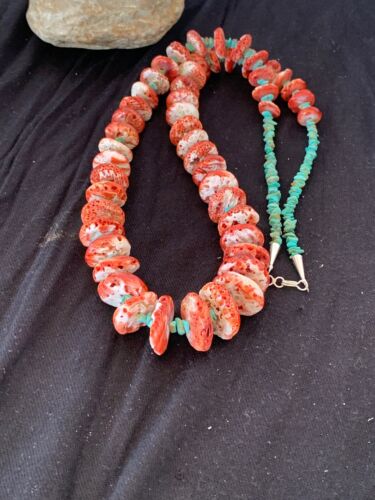 Native American Navajo Red Spiny Oyster & Turquoise Necklace | Sterling Silver | 34" Graduated | 4679