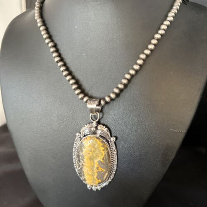 Navajo Bumblebee Jasper Pendant Necklace | Sterling Silver | Authentic Native American Handmade | 14247