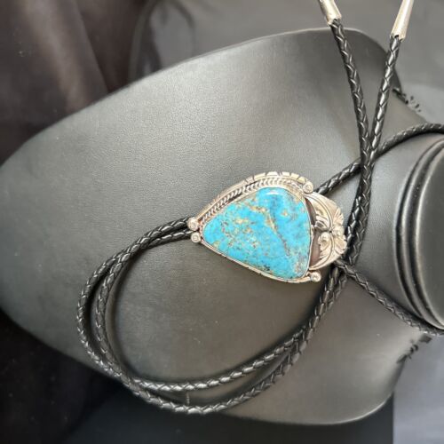Navajo Blue Kingman Turquoise Bolo Tie | Sterling Silver | Authentic Native American Handmade | 14254