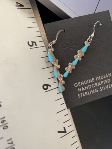 Zuni Handmade Kingman Turquoise Needle Point Dangle Earrings | Sterling Silver | 13024