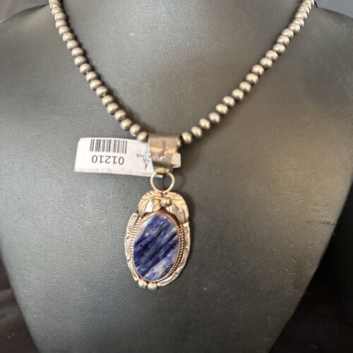 Navajo Denim Lapis Pendant Necklace | Sterling Silver Beads | Authentic Native American Handmade | 1210