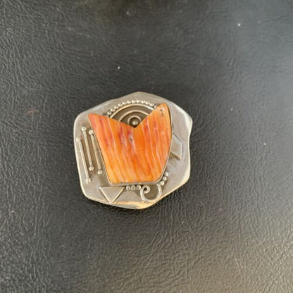 Southwestern Navajo Handmade Pin | Sterling Silver | Orange Spiny Oyster | Authentic Native American | 13716