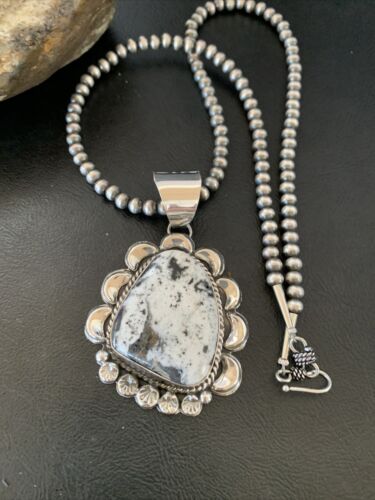 Navajo White Buffalo Turquoise Pendant | Sterling Silver | Authentic Native American Handmade | 11686