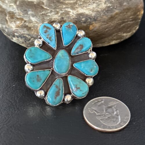 Navajo Blue Turquoise Cluster Ring | Authentic Native American Sterling Silver | Multi-Stone | Sz 7 | 14728