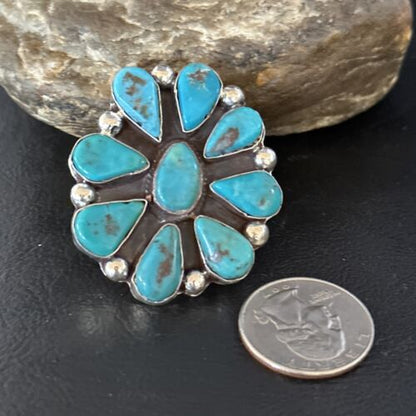 Navajo Blue Turquoise Cluster Ring | Authentic Native American Sterling Silver | Multi-Stone | Sz 7 | 14728
