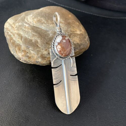 Men's Wild Horse Turquoise Feather Pendant | Navajo Sterling Silver | Authentic Native American Handmade | 13986