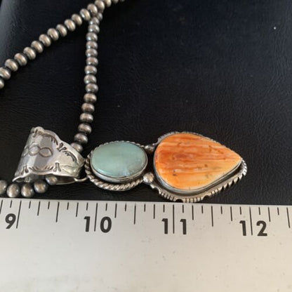 Navajo Dry Creek Turquoise Spiny Necklace Pendant | Sterling Silver | 2.5" | 13581