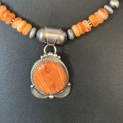 Navajo Orange Spiny Oyster Pendant Necklace | Sterling Silver | Authentic Native American Handmade | N 13650