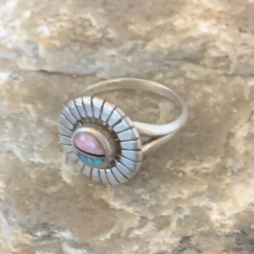 Southwestern Women's Navajo Blue Turquoise Pink Coral Inlay Ring | Sz 7 | 11168