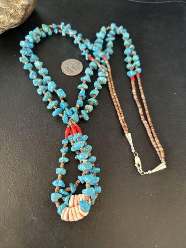 Santo Domingo Shell Turquoise Bead Pendant Jacla Necklace | 2 Strand | Pearls | Native American Handmade | 14633