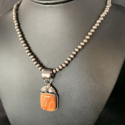 Navajo Orange Spiny Oyster Pendant | Sterling Silver | Authentic Native American Handmade | 13638