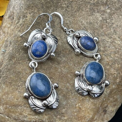 Southwestern Navajo Denim Lapis Dangle Earrings | Sterling Silver | 2" | 01796