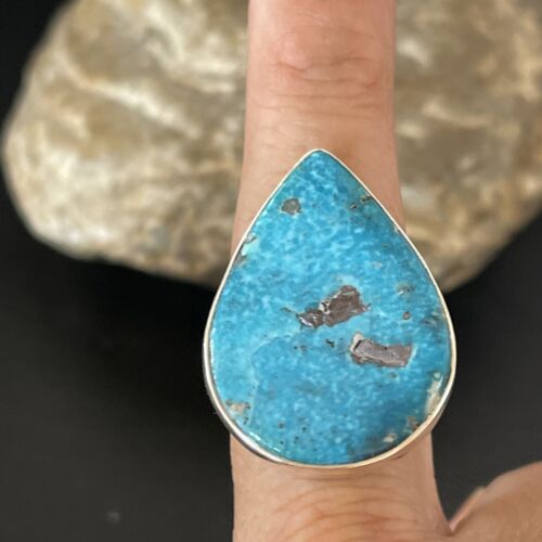 Navajo Blue Kingman Turquoise Ring | Sterling Silver | Sz 10 | Teardrop | Authentic Native American Handmade | 10508