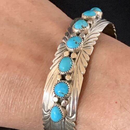 Navajo Blue Kingman Turquoise Cuff Bracelet | Sterling Silver | 7 Stone | Authentic Native American Handmade | 14212