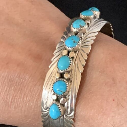 Navajo Blue Kingman Turquoise Cuff Bracelet | Sterling Silver | 7 Stone | Authentic Native American Handmade | 14212