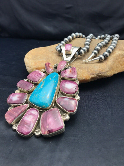 Navajo Spiny Turquoise Cluster Pendant Necklace | Sterling Silver | 6" | Authentic Native American Handmade | 1062