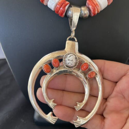 Turquoise Spiny Sterling Squash Blossom Necklace | Navajo Naja Pendant | Navajo Pearls | 21" | 00959