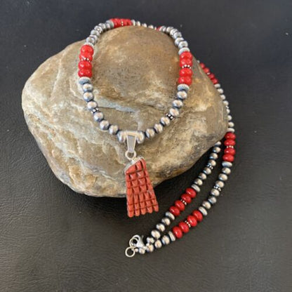 Navajo Red Coral Corn Inlay Necklace Pendant | Sterling Silver | 21" | Authentic Native American Handmade | 12584