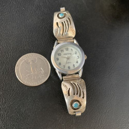 Women's Navajo Sterling Silver Watch Tips with Blue Turquoise | Bear Paw Design | Authentic Native American Jewelry | 13692