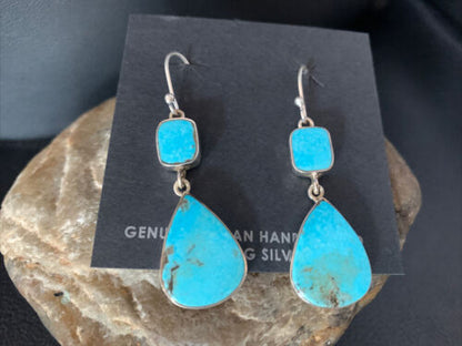 Kingman Turquoise Dangle Earrings | Navajo Sterling Silver | Authentic Native American Handmade | 14078