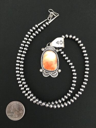 Navajo Orange Spiny Oyster Pendant Necklace | Sterling Silver | Authentic Native American Handmade | 4907